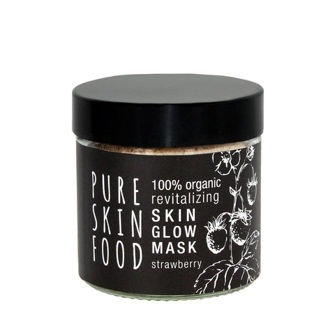 Pure Skin food, 100% organisks, dabiska kosmētika, vegāniska, cruelty free, sejas maska, balts fons, superfoods, zemenes.