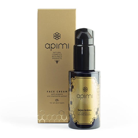 apimi, face cream, gold and black glass package, gold cardboard box, 50 ml