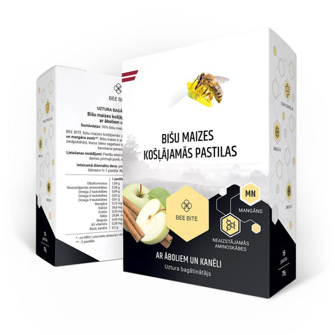 Bee Bite, biologisks, bisu maize, dabigs produkts, imunsistema, olbaltumvielas, pastilas, taukskabes, vitamini